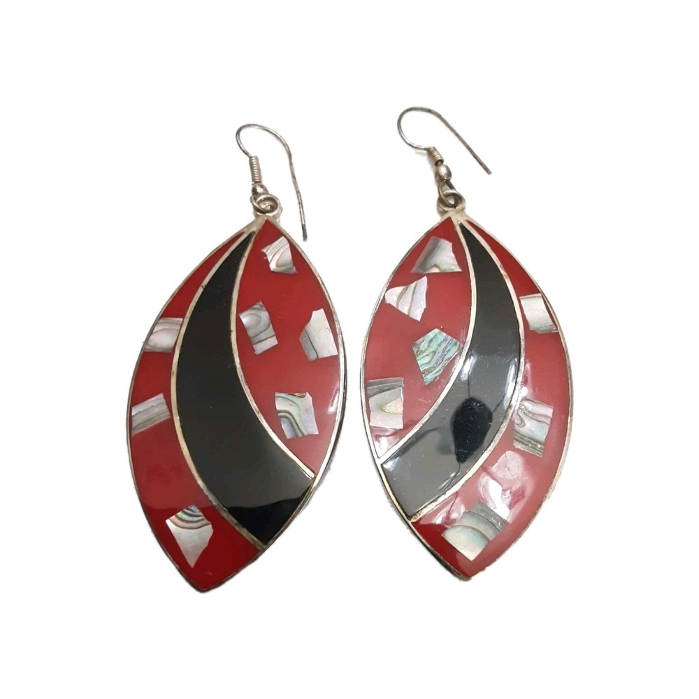 Vtg Earrings Alpaca Silver Red Black Enamel Mother Pearl Shell Inlay Teardrop